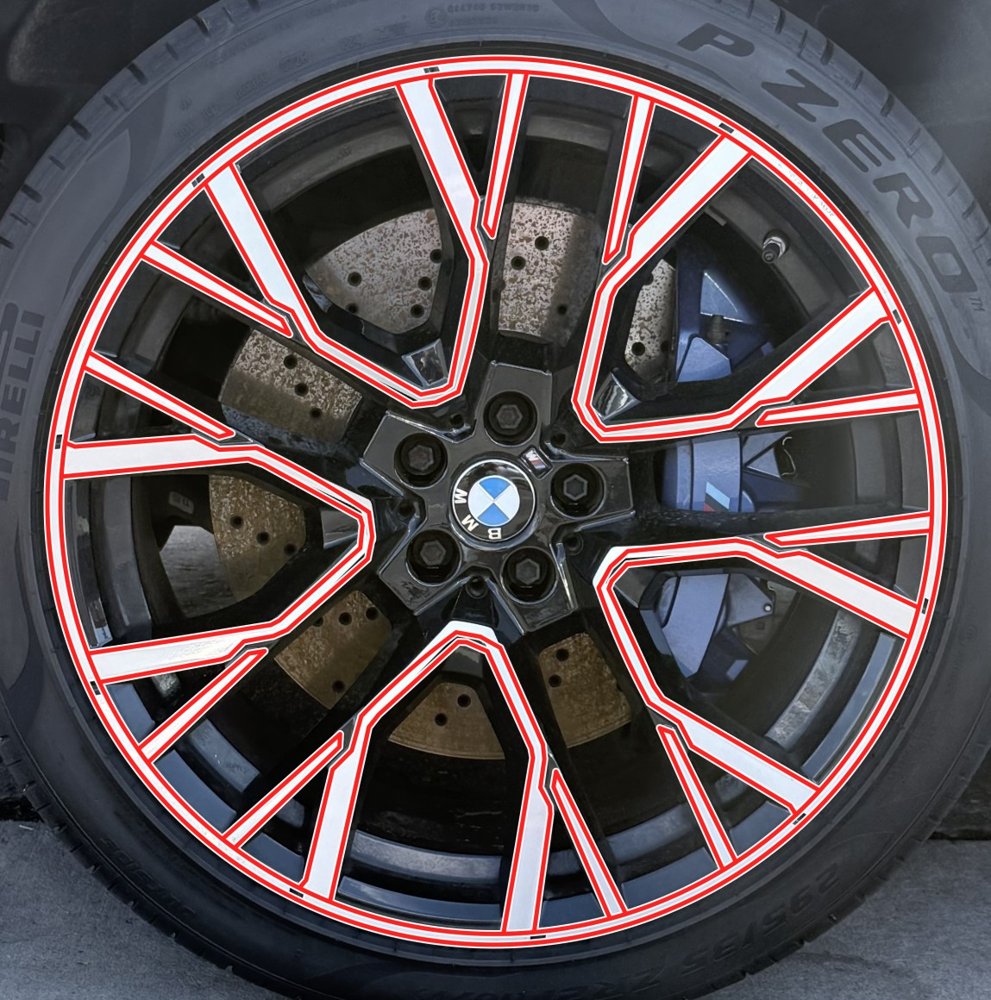 BMW Y-spoke wheel with red cut lines traced