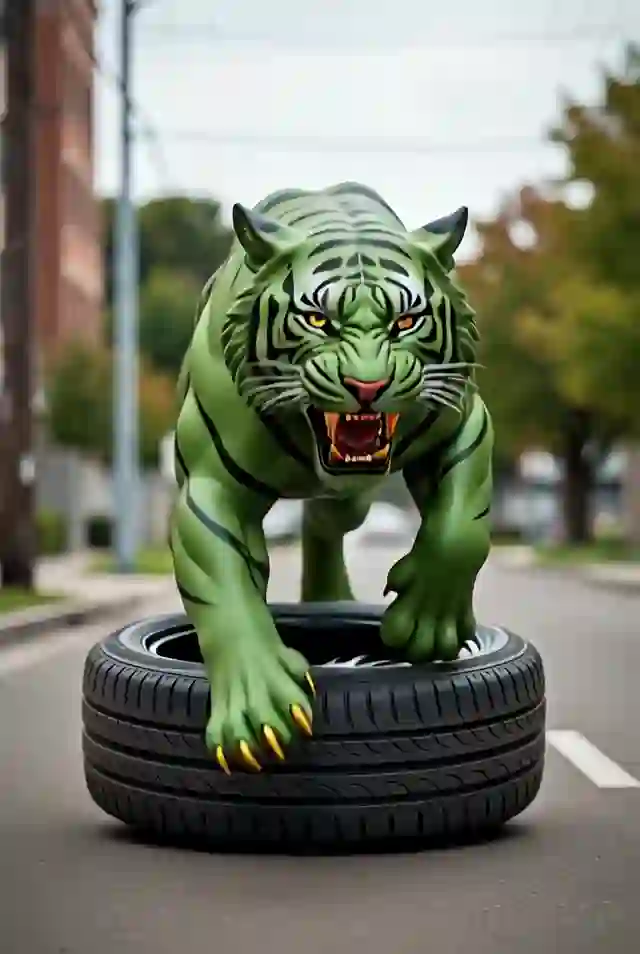 A green tiger steps out of a tire and onto the street.