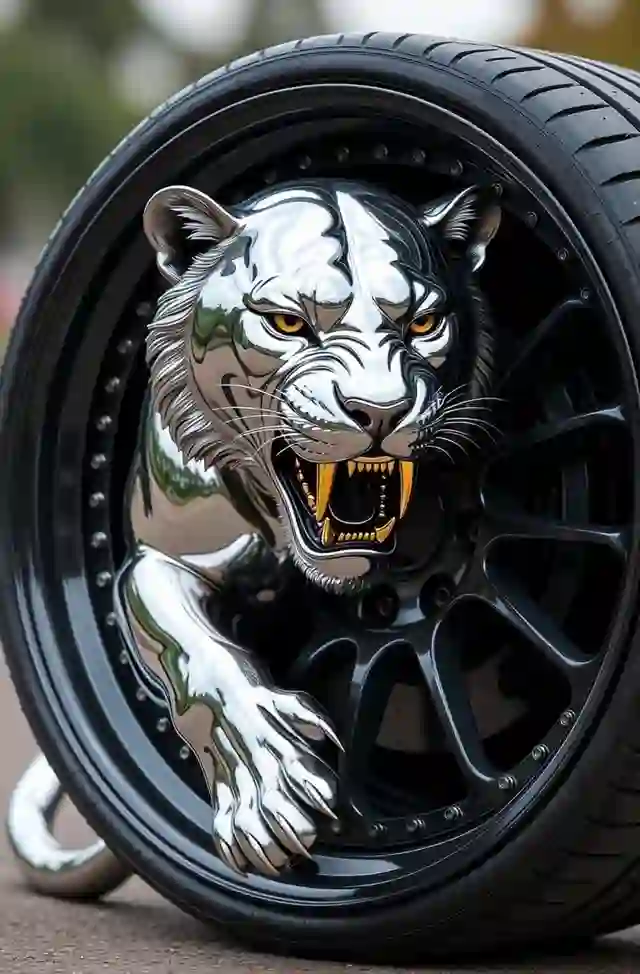 A silver tiger stares down the camera from a gloss black wheel.