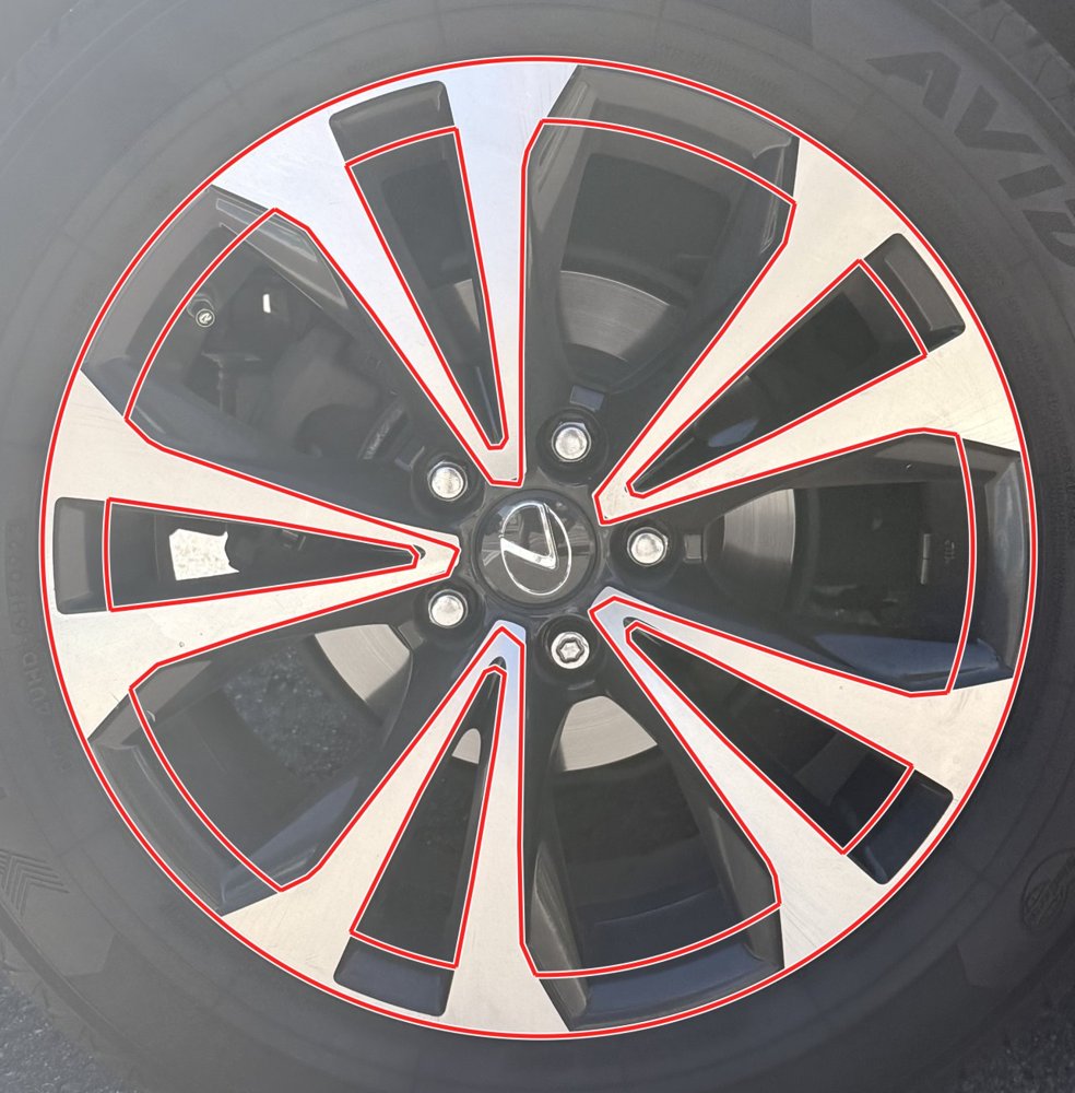Lexus split 5-spoke wheel with red cut lines traced