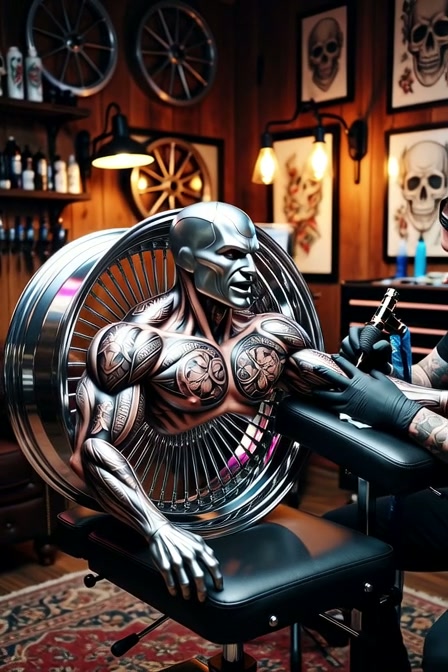The Wheel Man opens his arms to reveal his tattoos in the Wheel Tat Studio