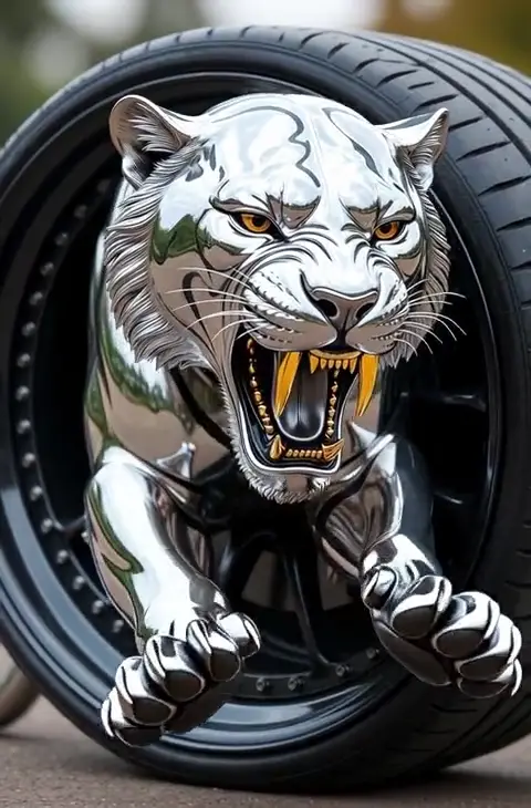 A chrome tiger springs from a black wheel.