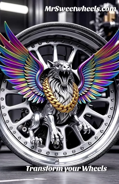A chrome wolf with rainbow wings and a gold chain guards a polished wheel.
