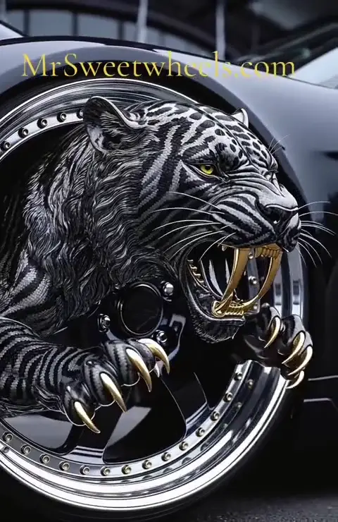 A black panther emerges from a polished wheel beside a car.
