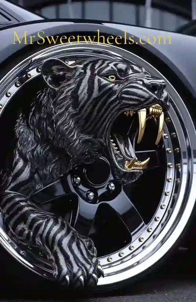 A black striped cat with gold fangs climbs out of a chrome-lipped wheel.
