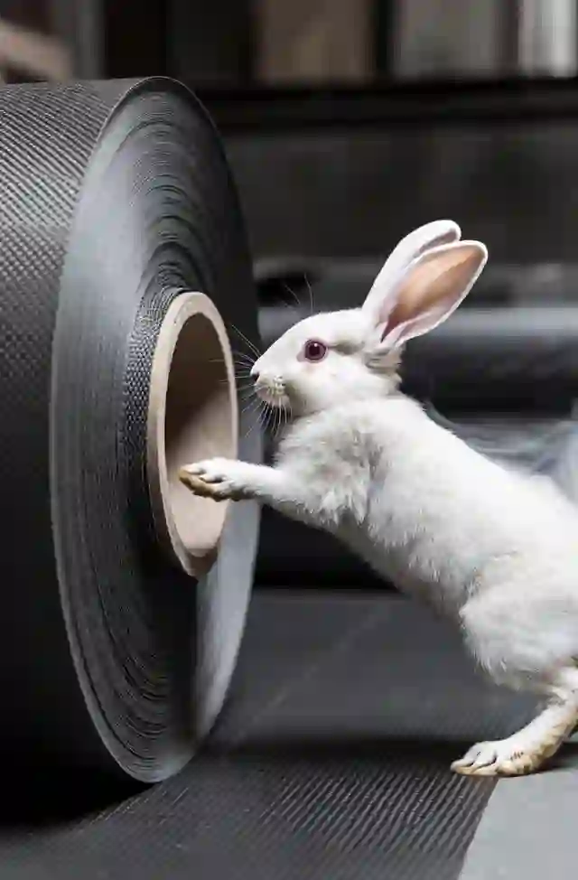 A shop rabbit unrolls a fresh roll of black vinyl.