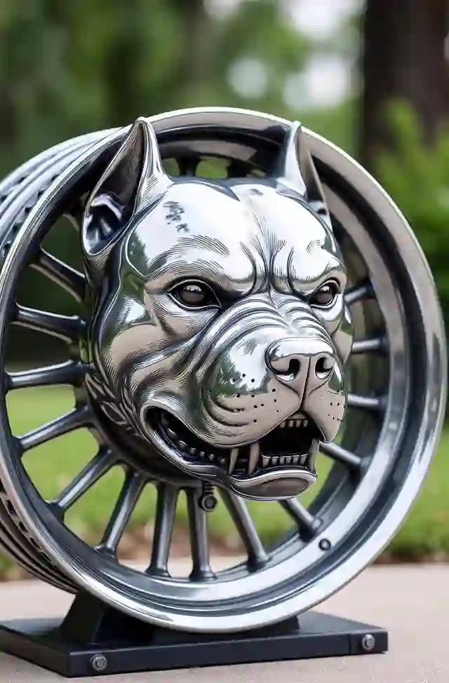 A chrome pitbull guards a polished wheel.