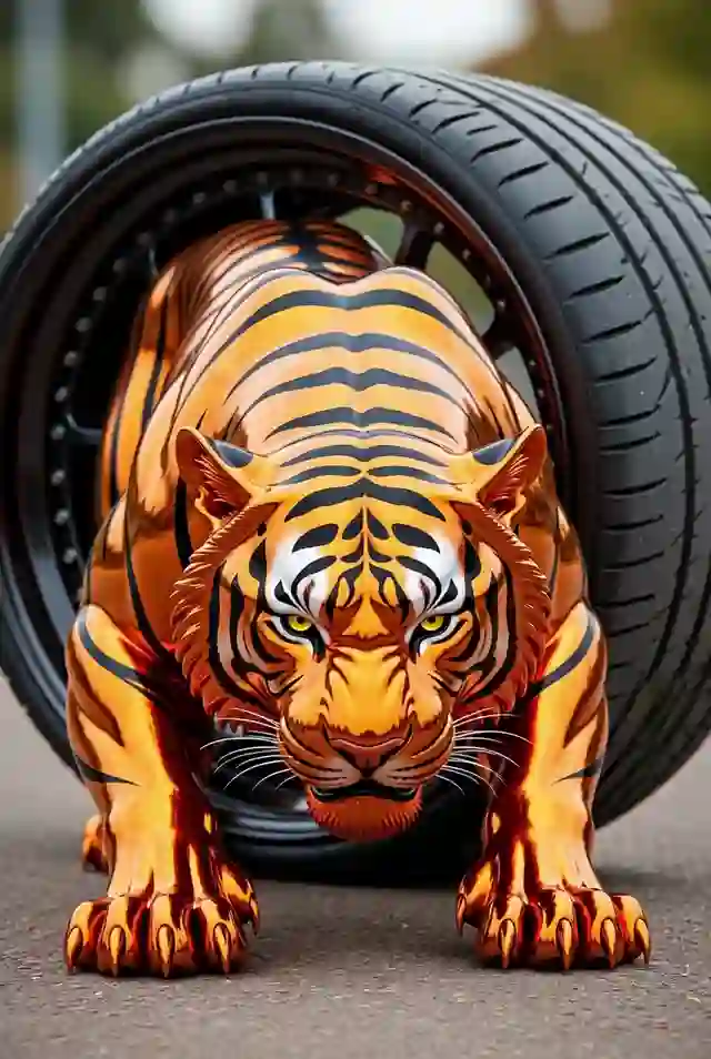 An orange tiger crouches inside a black wheel, ready to pounce.