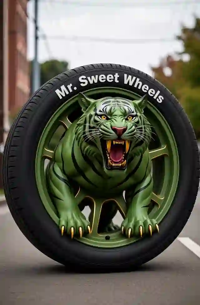 A green tiger rides inside a green wheel lettered with Mr. Sweet Wheels.