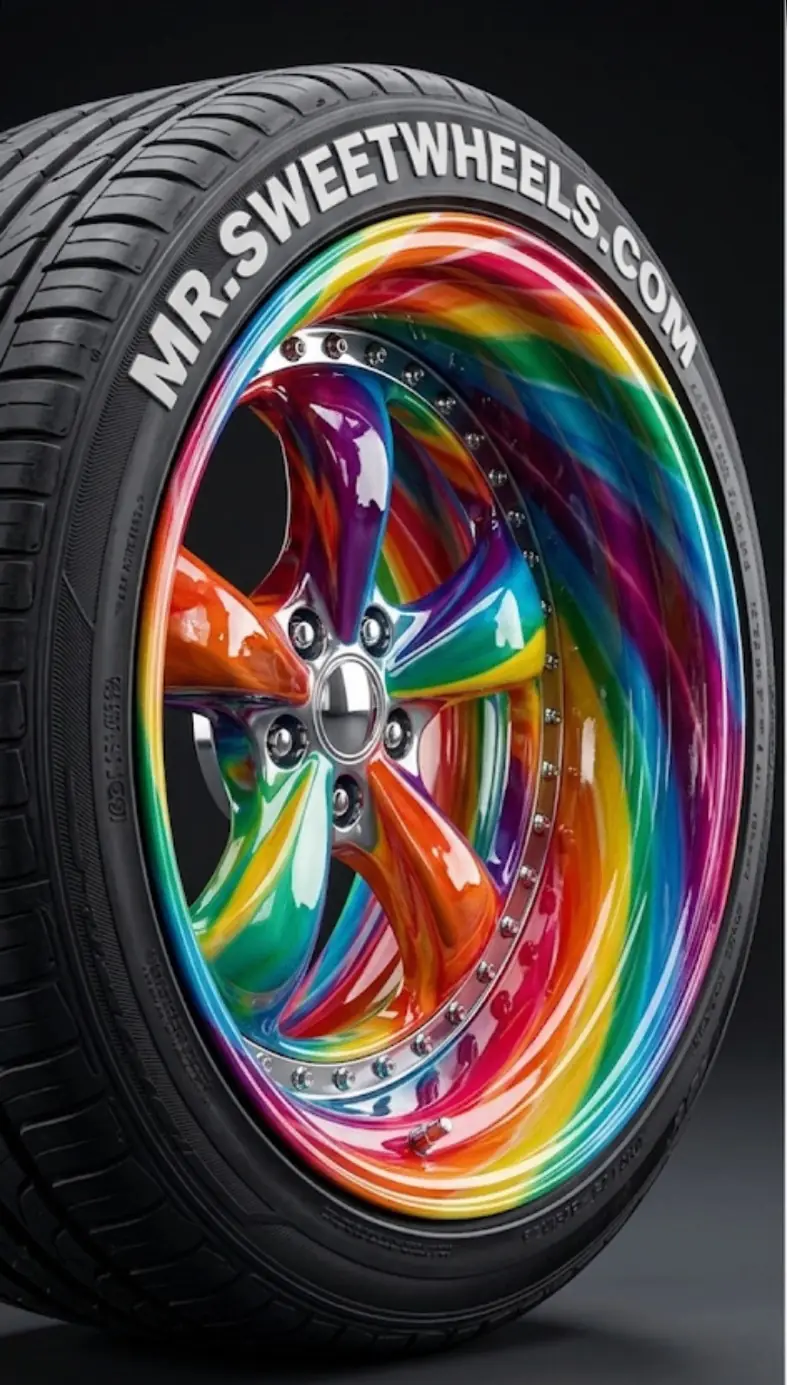 Rainbow swirl vinyl wheel skin on a polished lip wheel